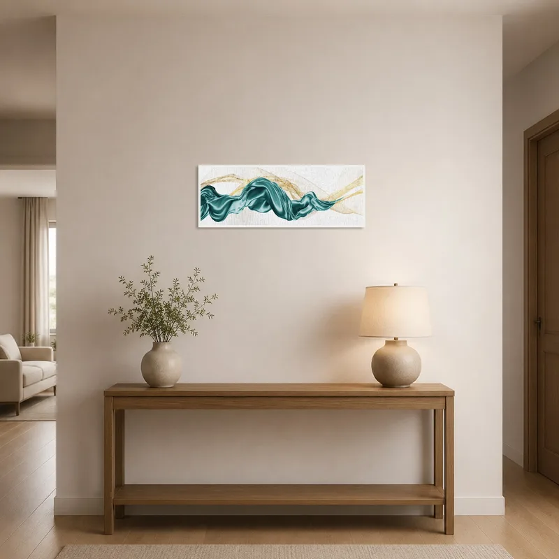 Teal and gold art piece welcomes visitors in a bright entrance hall.
