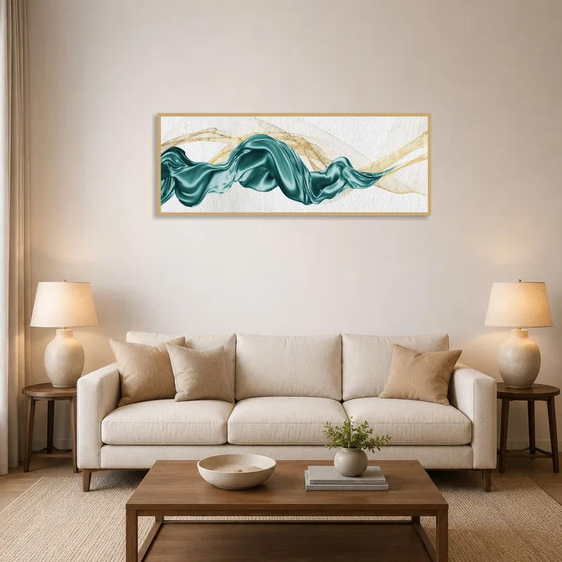 Teal and gold abstract wave art hangs above a modern living room sofa.