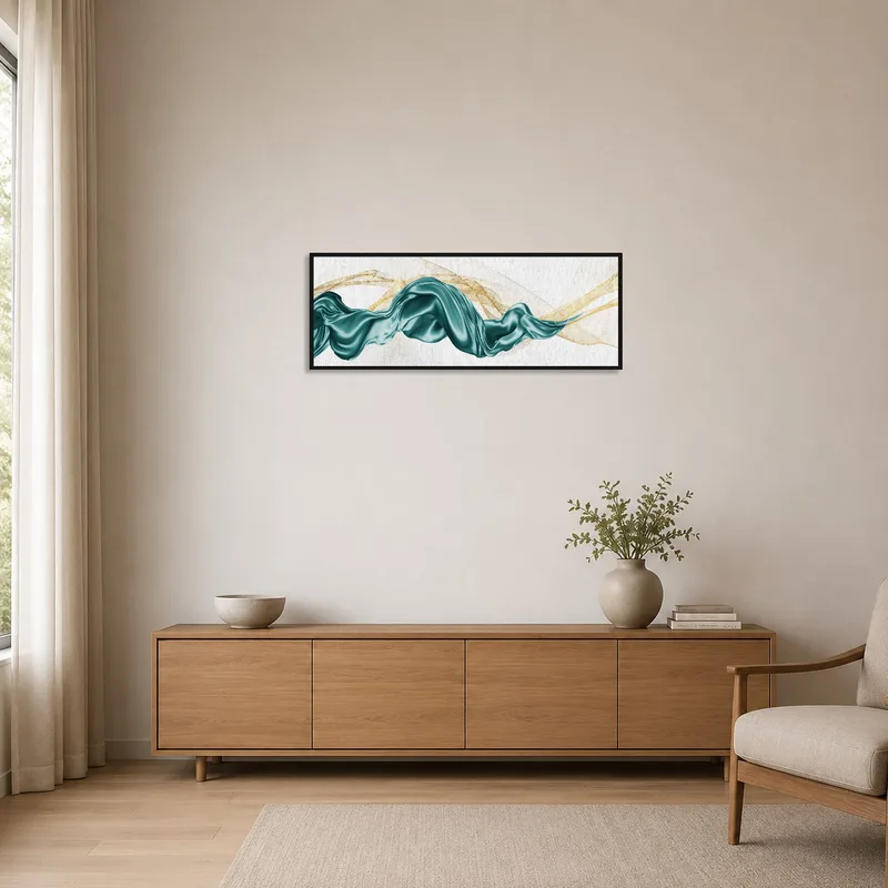 Teal and gold wave art accentuates a minimalist room with simple furniture.