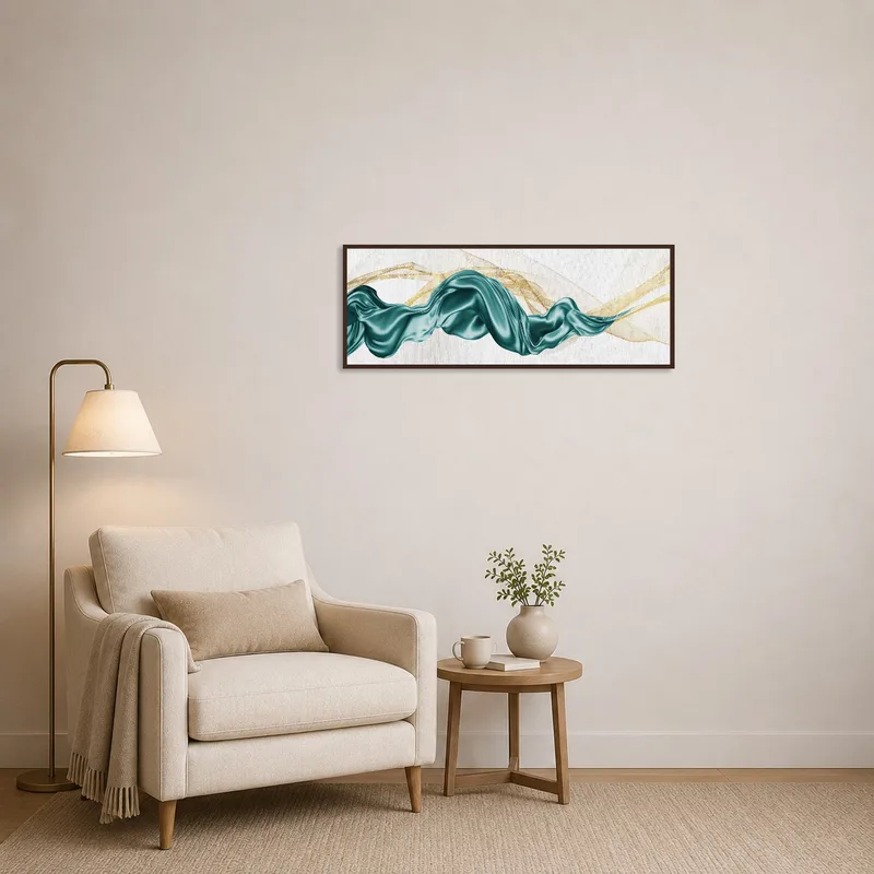 Teal and gold abstract wave art enhances a cozy reading corner ambiance.