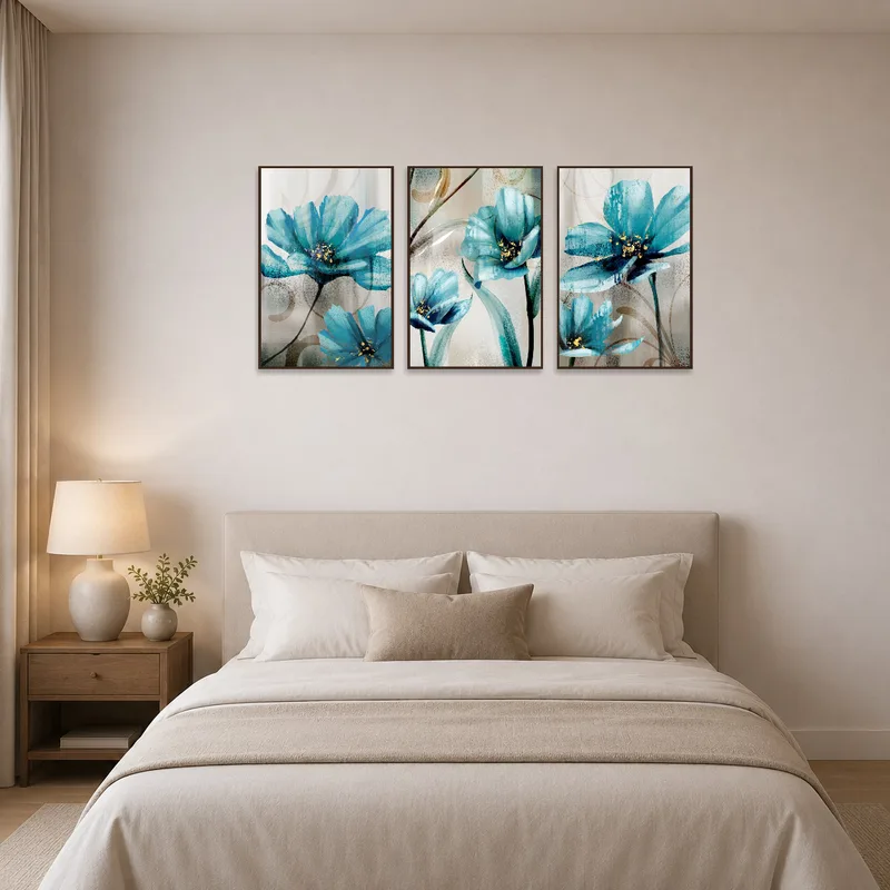 Teal and gold floral artwork enhances bedroom tranquility.