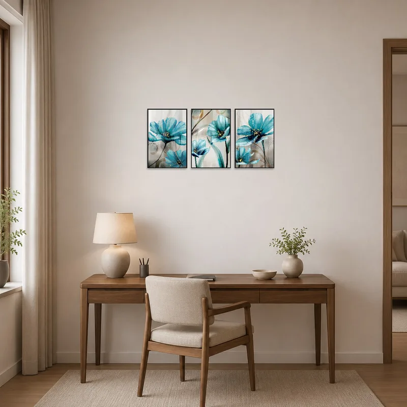 Gold-accented teal floral art inspires creativity in a home office.