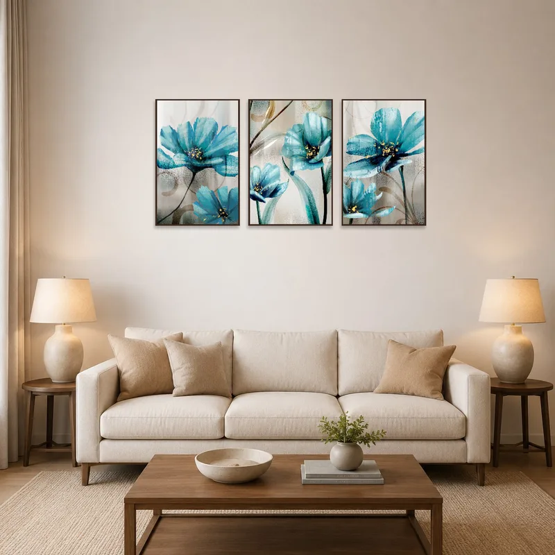 Teal and gold floral triptych adds elegance to a living room wall.