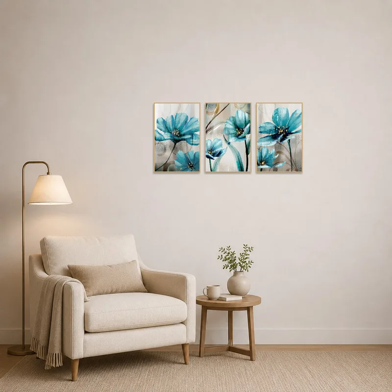 Teal floral triptych provides a calming backdrop in a reading corner.
