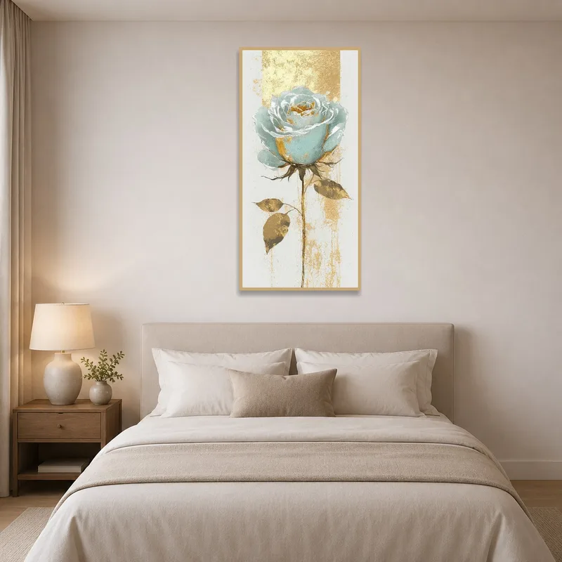 Teal rose with gold accents art print enhancing a tranquil bedroom.
