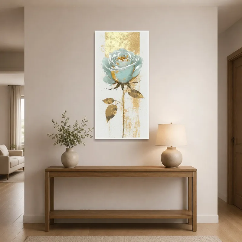 Graceful teal rose print displayed in a stylish entrance hall.