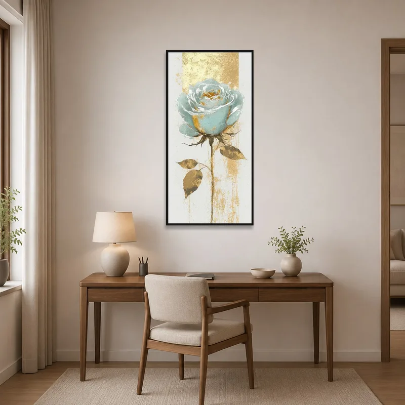 Sophisticated teal rose art print in a modern home office.