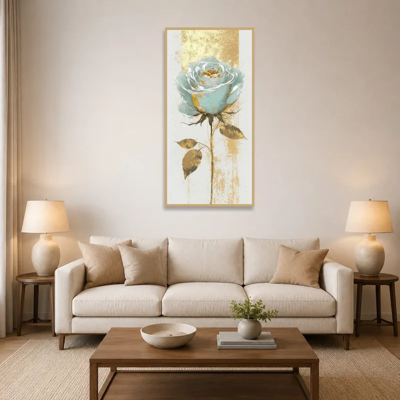 Teal rose with gold accents art print in a chic living room setting.