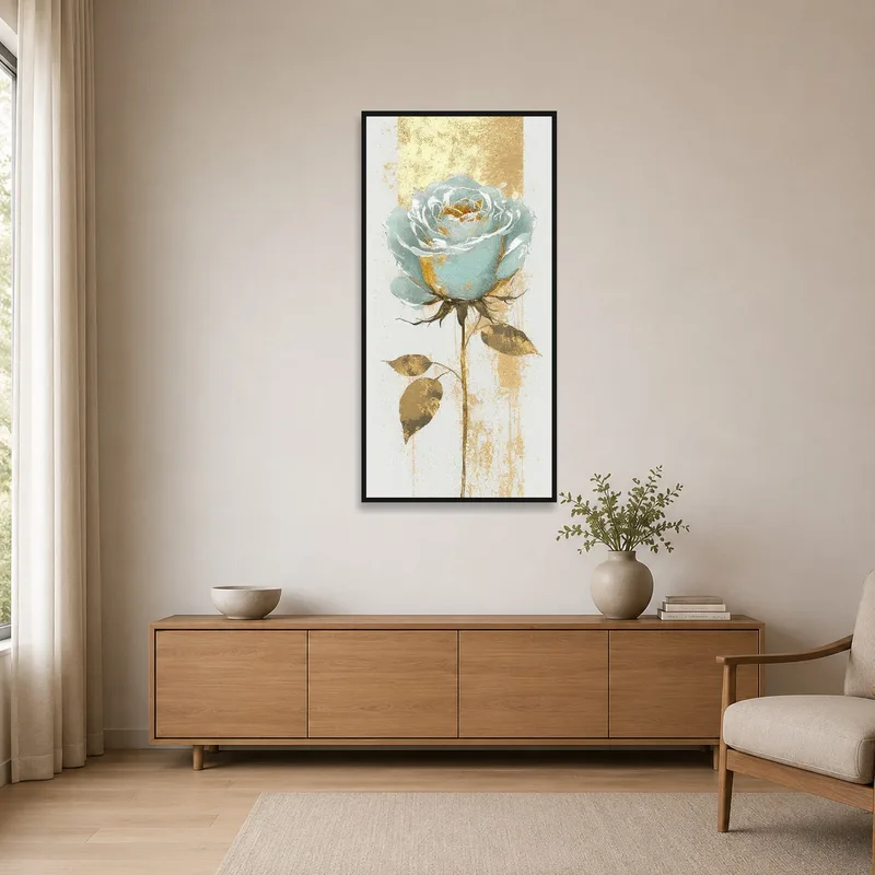 Art print of a teal rose with gold accents in a minimalist room.