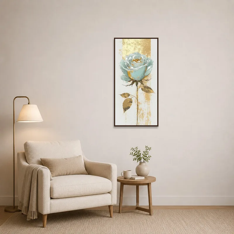 Artistic teal rose with gold detail in a cozy reading corner.