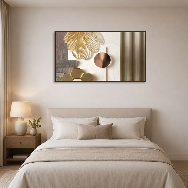 Elegant geometric art piece enhancing a bedroom with neutral tones.