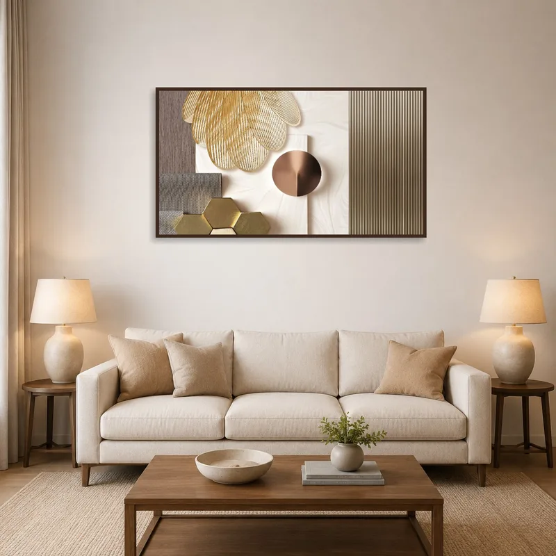 Textured geometric art piece on a living room wall above a modern sofa.