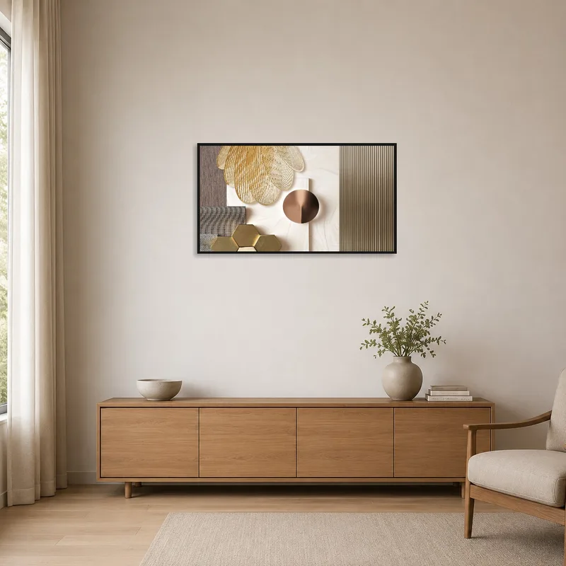 Geometric art piece enhancing a minimalist room with sparse furniture.