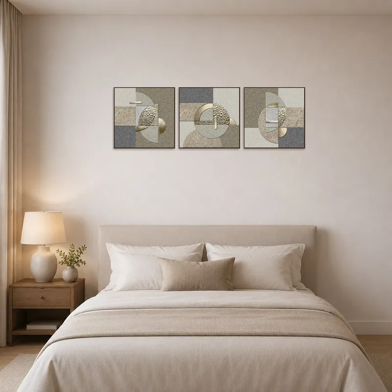 Bedroom aesthetics improved by the elegant geometric triptych set.