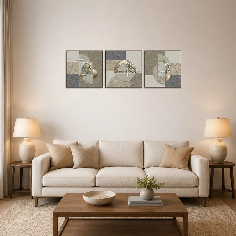 Elegant geometric triptych above a modern sofa in the living room.