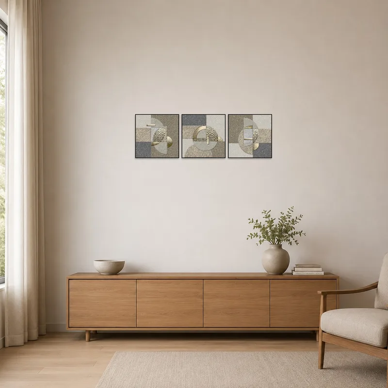 Minimalist space with a triptych set of geometric patterns.