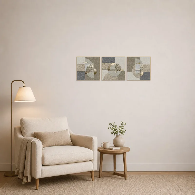 Reading corner enhanced with a modern geometric triptych set.
