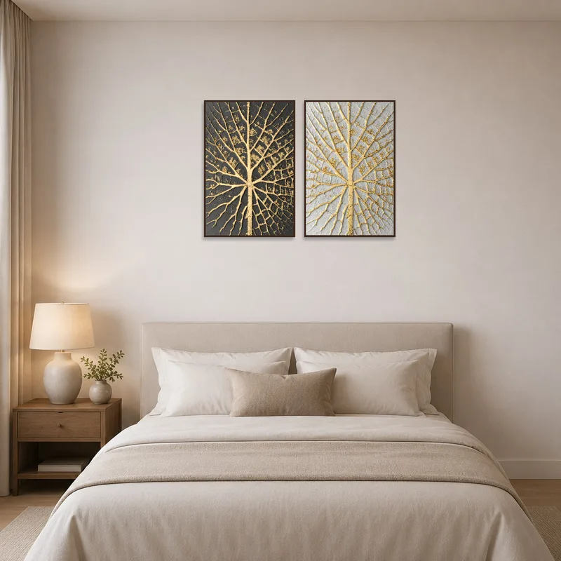 Elegant gold leaf artwork decorates a serene bedroom wall, bringing a touch of sophistication.