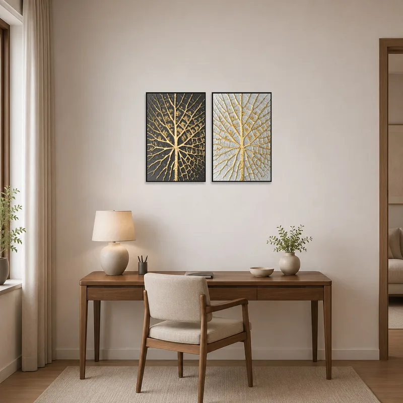 A stylish home office features a textured gold leaf art set for an inspiring work environment.