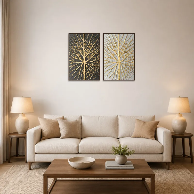 A gold leaf artwork set hangs above a modern sofa, adding elegance to the living-room space.