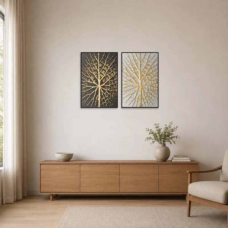 The gold leaf set complements the minimalist room with its simple and refined textures.