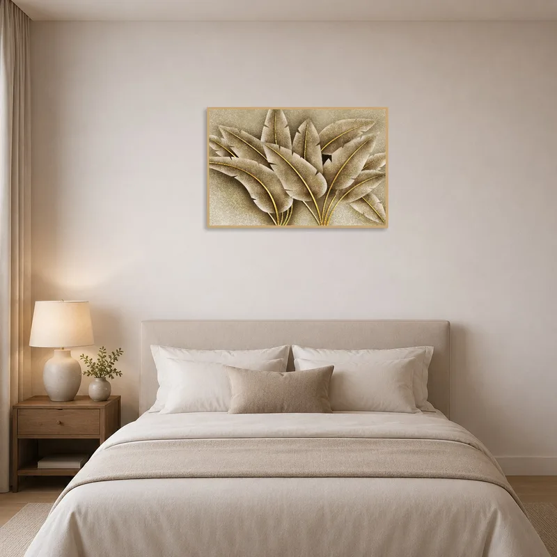 Textured leaves in warm tones above a bed creating a restful atmosphere.