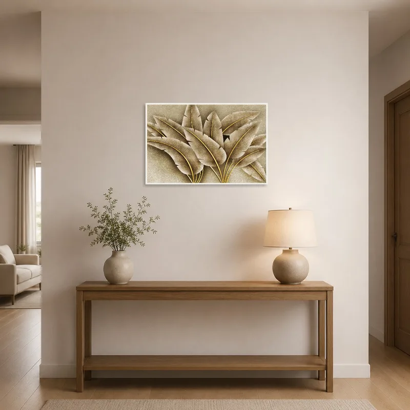 Earthy-toned leaves greet guests in a stylish entrance hall.