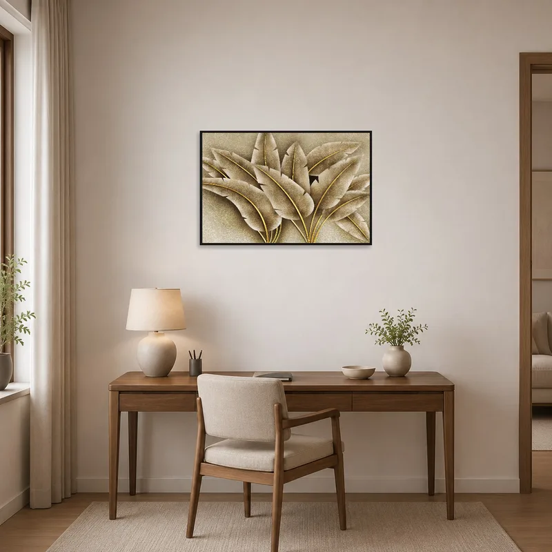 Home office adorned with leaf art adding nature-inspired calmness.