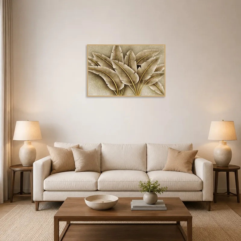 Textured leaves in earthy tones above a modern sofa in a cozy living room.