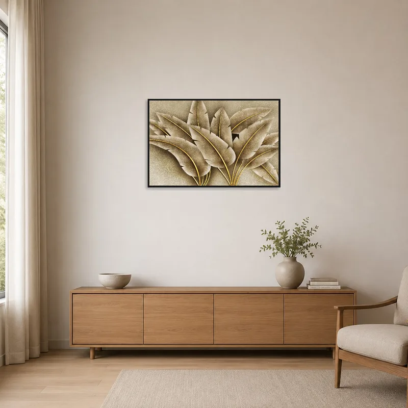 Minimalist room with textured leaves artwork complementing neutral tones.