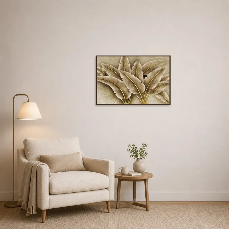 Reading corner with leaf artwork enhancing a serene mood.