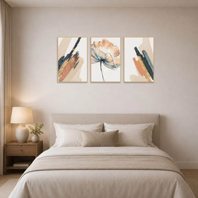 Sophisticated bedroom highlighting an abstract and floral triptych piece.