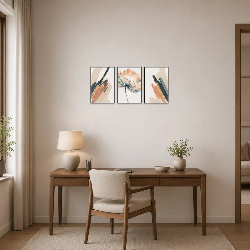 Home office adorned with a triptych of abstract and floral elements.