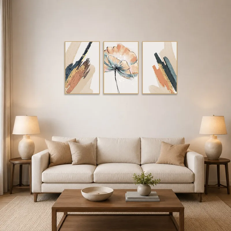 Abstract and floral triptych displayed in a modern living room setting.