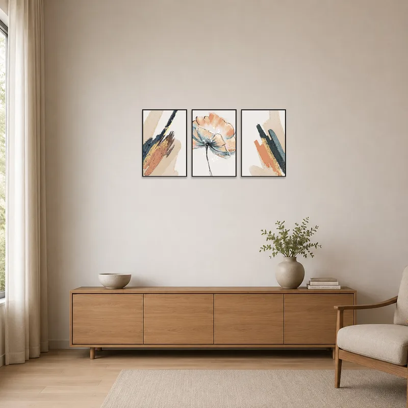 Minimalist room showcasing a triptych of abstract and floral design.