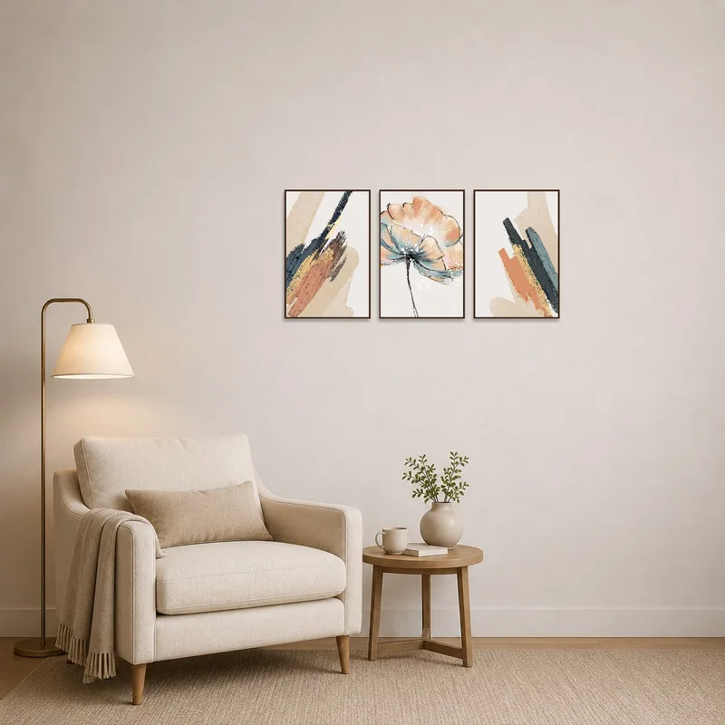 A cozy reading corner featuring an elegant abstract floral triptych.