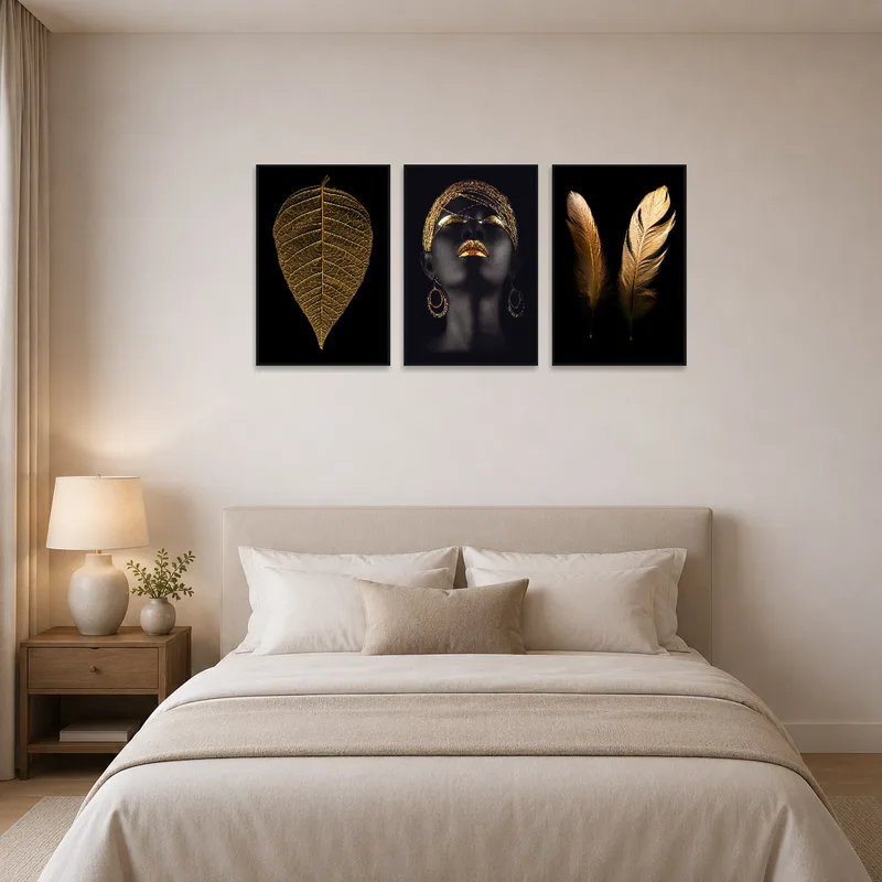 Elegant triptych adding a touch of sophistication to the bedroom.