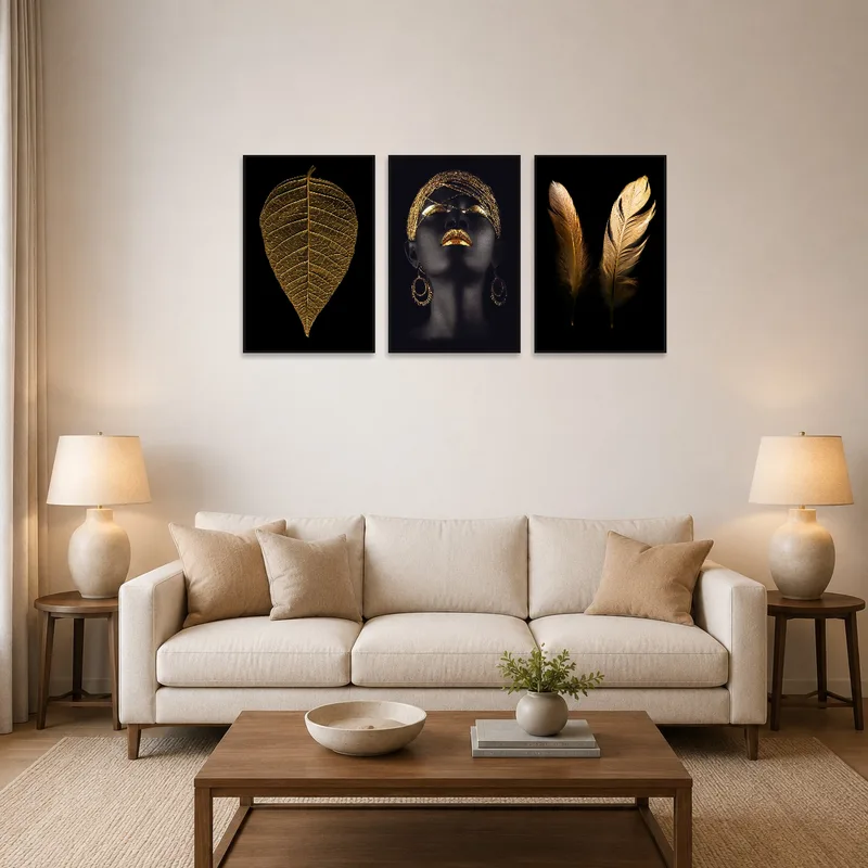 The elegant triptych on display in a modern living room setting.