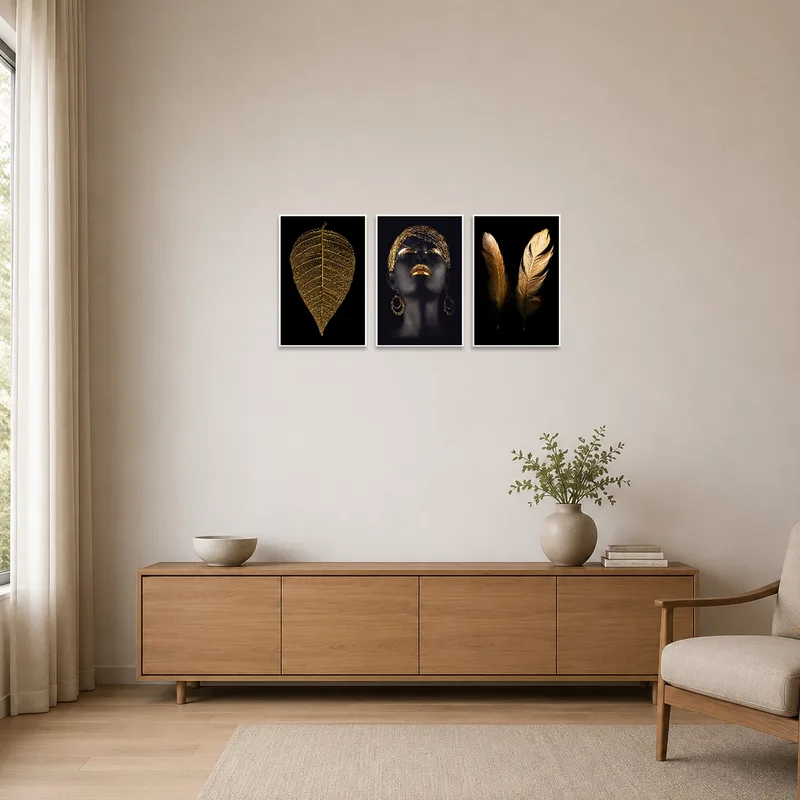 Triptych of leaf, portrait, and feathers enhancing a minimalist space.