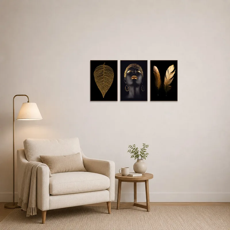 Leaf, portrait, and feathers triptych creating a cozy reading corner.