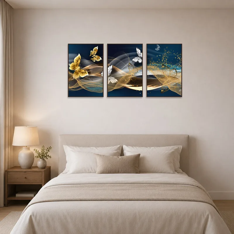 A serene bedroom wall display of golden butterflies adds tranquility.