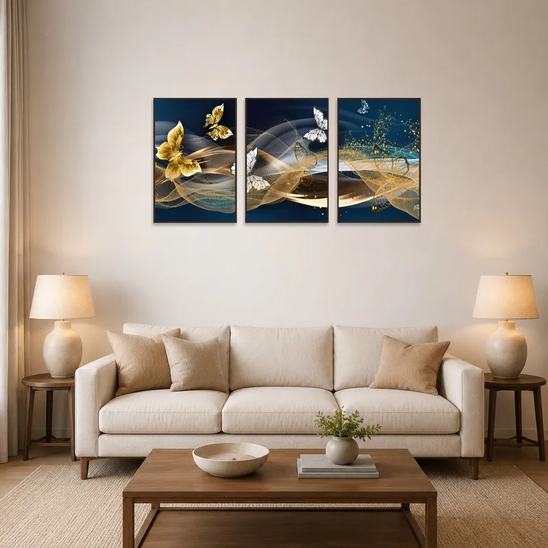 Triptych of golden butterflies on midnight above a modern living room sofa.