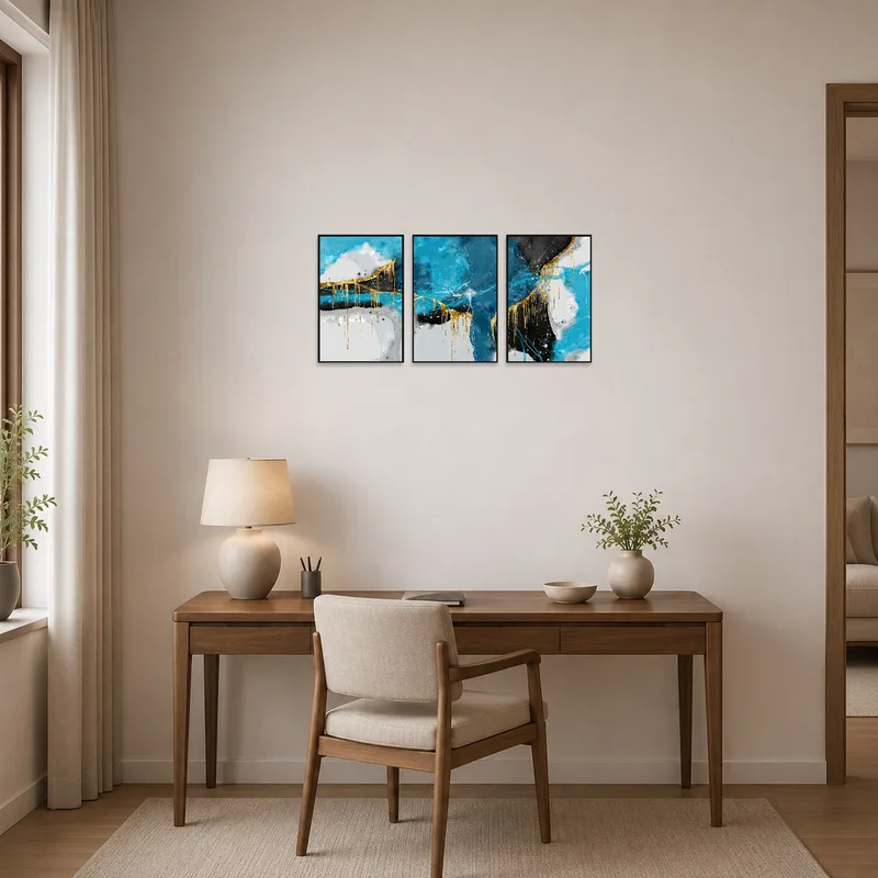 Blue and gold abstract triptych adding charm to a modern home office.