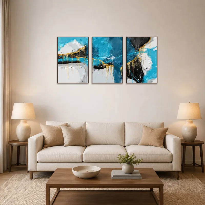 Elegant triptych with blue and gold abstract art in a stylish living room setting.
