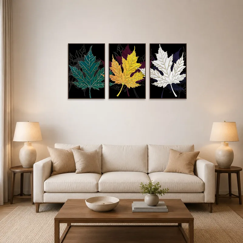 Triptych with colorful leaves adding vibrancy to a cozy living room.