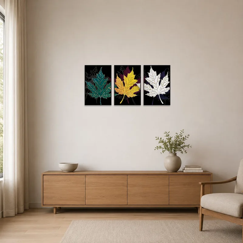 Elegant triptych enhancing a minimalist room with bursts of color.