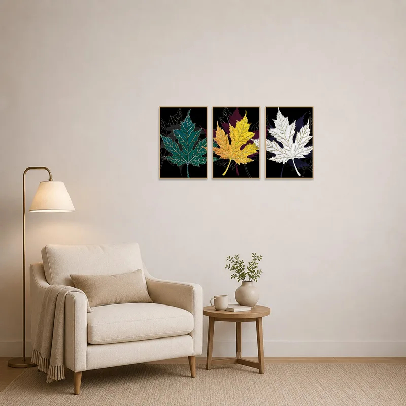 Triptych introducing nature's colors to a peaceful reading corner.