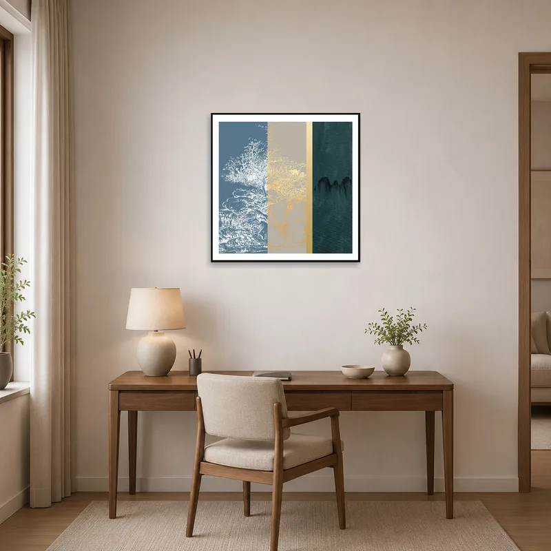 Triptych artwork enriches the home office's creative space.