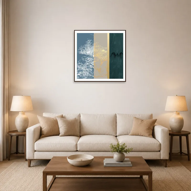 Three nature-themed panels on a living room wall with cozy seating.