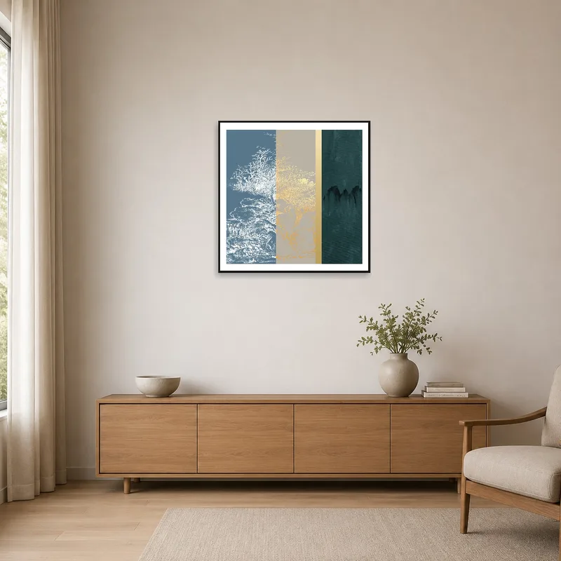 Triptych of nature textures complements minimalist decor.